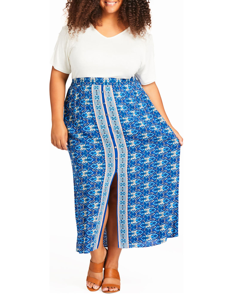 Plus size model wearing Majorca Art Deco Print Midi Skirt by Avenue | Dia&Co | dia_product_style_image_id:192410